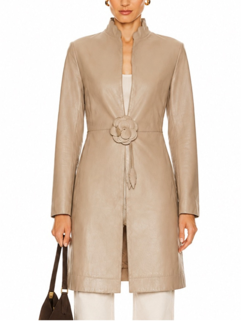 Teski Leather Beige Flower Closure Long Coat Jacket Size S vintage